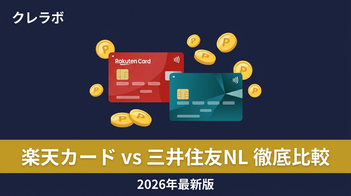 楽天カードと三井住友カードNLを徹底比較。2枚のカードとポイントコインのイラスト。